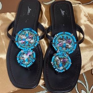 Ioannis Dk Brown Thong sandals w/turquoise…